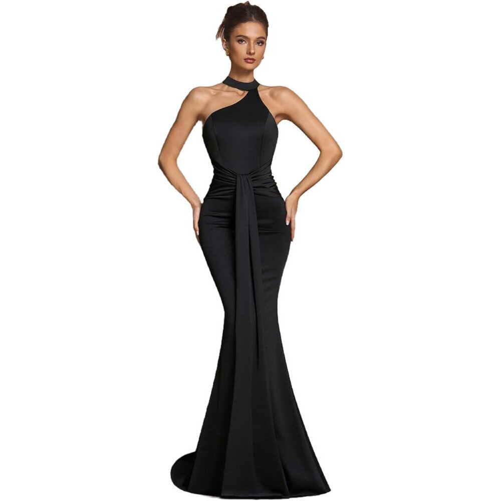 Women's Satin Halter Neck Mermaid Dress for Wedding Guests and Formal Events